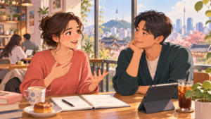 Beginner practicing Korean conversation with a Korean friend