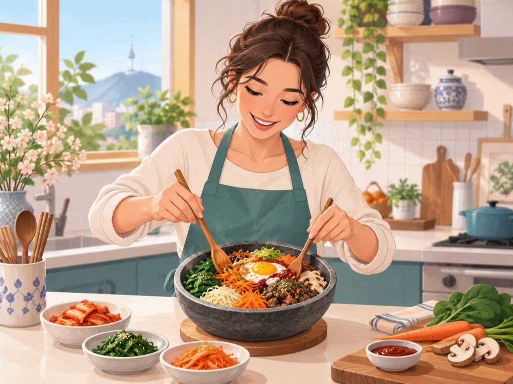 A woman preparing bibimbap in a bright Korean kitchen