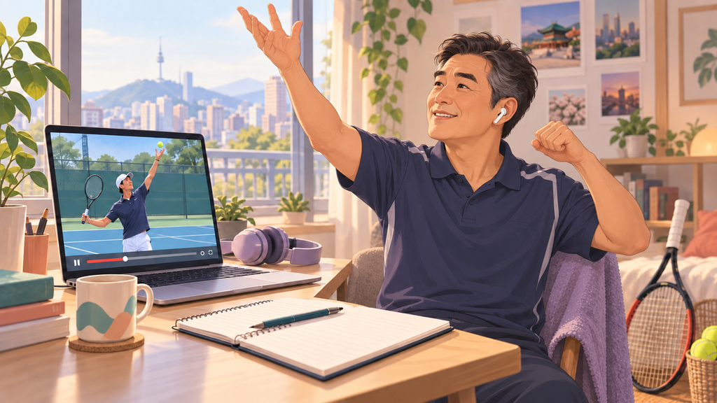Middle-aged Korean man learning English through a tennis video