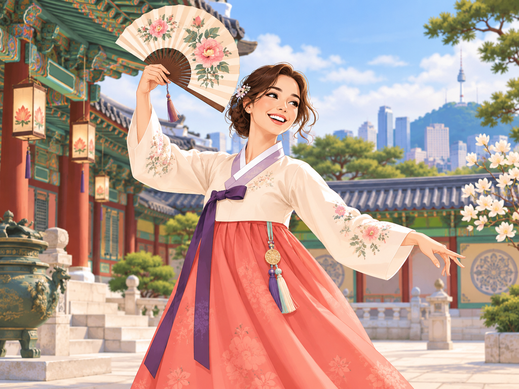 A visitor experiencing Korean culture in a traditional palace