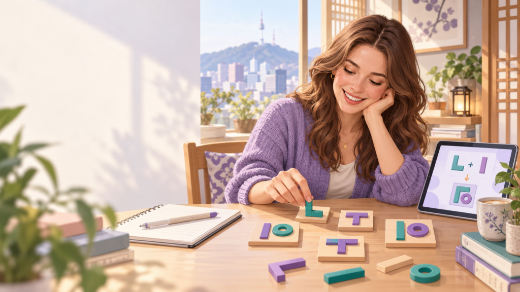 International beginner learning how Hangul consonants and vowels form syllable blocks