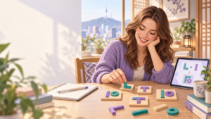 International beginner learning how Hangul consonants and vowels form syllable blocks