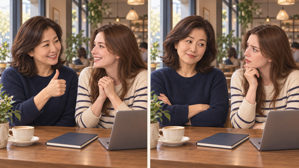 A Korean woman showing sincere praise and subtle sarcasm through different facial expressions and body language