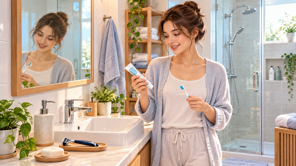 nternational Korean learner holding a toothbrush and toothpaste in a bathroom with common morning