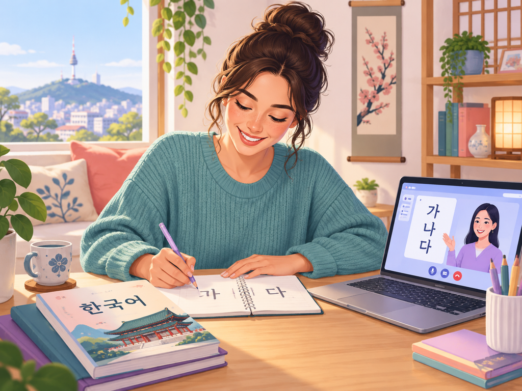 An international student learning Korean online